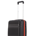 Small cabin suitcase top view, textured black shell, telescopic handle, orange zipper stripe