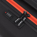 Small cabin suitcase strap with orange accent and black combination lock dials
