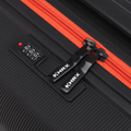 Orange zipper detail on black cabin suitcase with HRX-branded pull tab