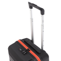 Black cabin suitcase with telescopic handle, orange zipper stripe, front lock panel