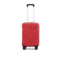 Small cabin suitcase with 8 wheels, red shell, black top handle, upright stance