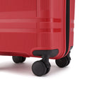 Small cabin suitcase wheels and base, red shell with black wheel housings