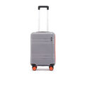 Small cabin suitcase upright view, grey shell with extended white handle and orange wheels