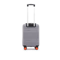 Grey small cabin suitcase with telescopic handle and orange-red spinner wheels