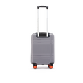 Small cabin suitcase front view, grey shell with black handle and orange wheel accents