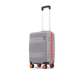 Small cabin suitcase side view, grey shell with orange trim and extended handle