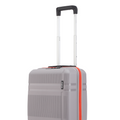 Small cabin suitcase front close-up, grey shell with orange zipper trim and handle