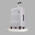 Large check-in suitcase, white side view with red edge trim and built-in lock panel