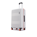 Light grey large check-in suitcase side view with red trim and extendable handle