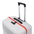 Hard-shell luggage top view with white body, red zipper stripe, and black carry handle
