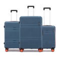 Three blue hard-shell suitcases with orange trim, telescopic handles, and wheels
