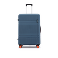 Blue large check-in suitcase with upright white handle and orange wheels