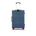 Blue large check-in suitcase with upright white handle and orange corner wheels