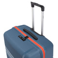 Blue hard-shell suitcase with red zipper stripe, top handle, and 8-wheel design