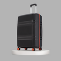 Black large check-in suitcase side view with telescopic handle and four orange wheels