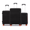 Hard-body luggage set of 3 with telescopic handles, black cases with red wheel bases.