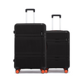 Hard-body luggage set of 2, black suitcases with white handles and orange wheels