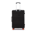 Large check-in suitcase front view in black with telescopic handle and orange wheels