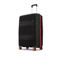 Large check-in suitcase with 8 wheels, black shell, orange accent trim, upright handle
