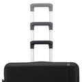 Stacked hard-sided suitcases with telescopic handles, showing white frames over black base.