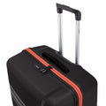 Hard-shell luggage front with built-in carry handle, black body, and red zip trim