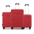 Red hard-shell luggage set of 3 with telescopic handles and 8 wheels.