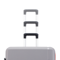 Stacked gray hard-shell suitcases with white telescopic handles and red accent trim.