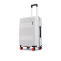 White medium check-in suitcase with telescopic handle and corner wheels, angled rear view