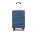 Blue check-in suitcase rear view with extendable handle and orange wheels