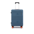 Blue hard-shell check-in suitcase front view with corner bumpers and rolling wheels