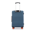 Medium check-in suitcase, blue hard shell with telescopic handle and 8 wheels, rear view