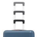 Blue check-in suitcase showing top ridged shell and extendable handle