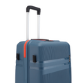 Blue hard-shell check-in suitcase with telescopic handle and side zipper pocket