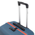 Blue ridged carry-on suitcase top with extendable handle and orange zipper stripe.