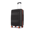 Black check-in suitcase with telescopic handle and orange-trim wheels