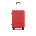 Red upright suitcase with telescopic handle and four spinner wheels