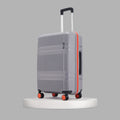Light grey medium check-in suitcase with telescopic handle and corner wheels, front view