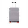 Grey carry-on suitcase front view with telescopic handle and four orange wheels.