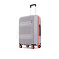 Grey hard-shell check-in suitcase with telescopic handle and eight wheels, red side trim