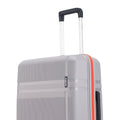 Grey hard-shell suitcase corner with telescopic handle and orange-trim zipper