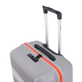 Grey suitcase with orange zipper, top handle, and side carry grip
