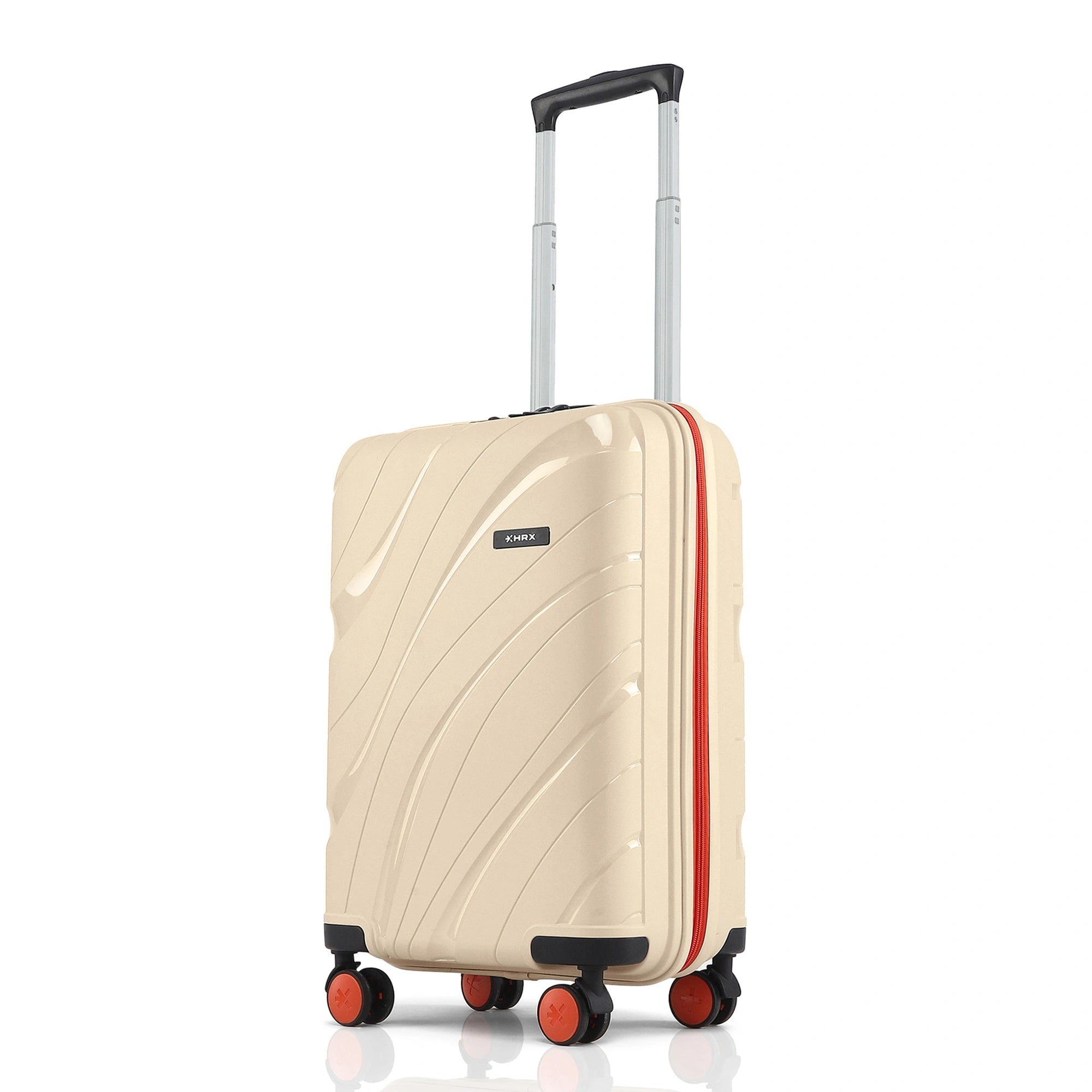 Beige small cabin suitcase with telescopic handle and 8 spinner wheels