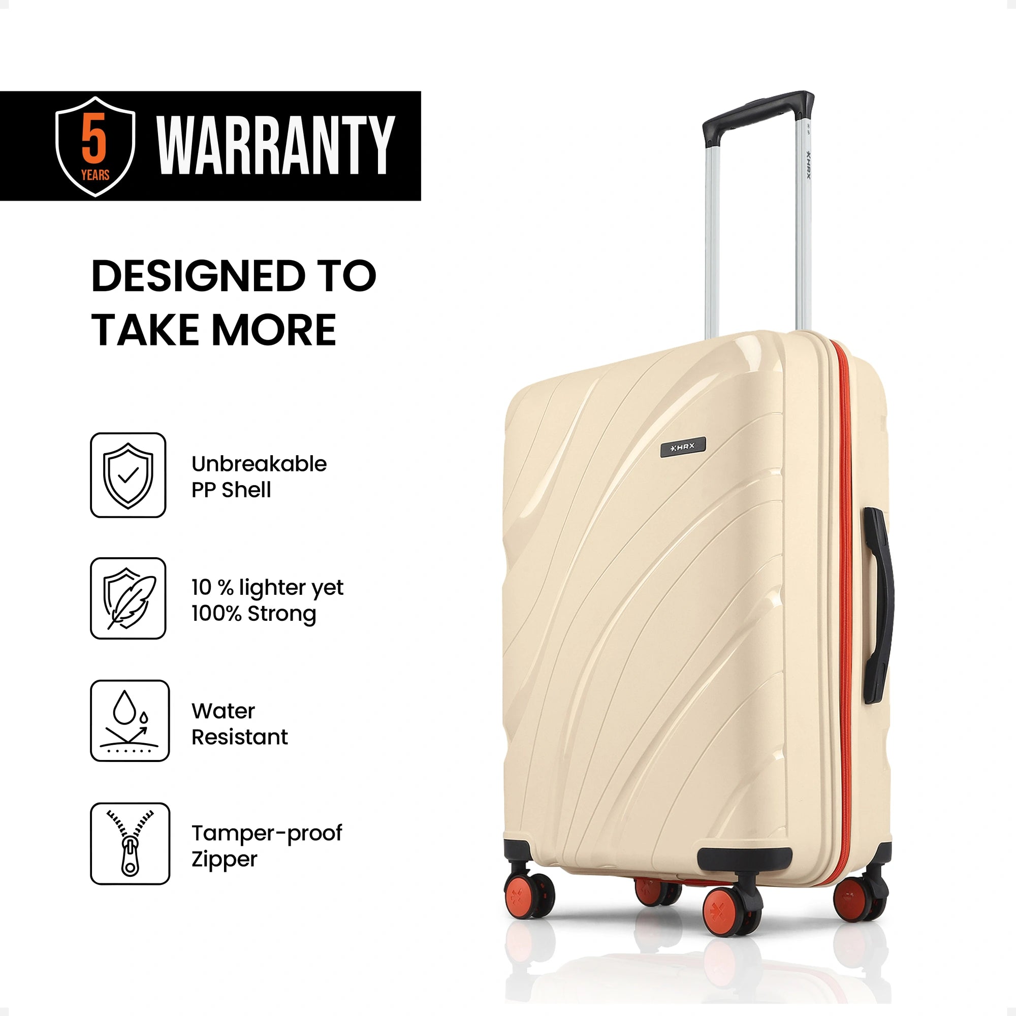 Beige large rolling suitcase with black top handle and 8 wheels