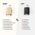 Large beige check-in suitcase with black handle, orange trim, and 8 wheels