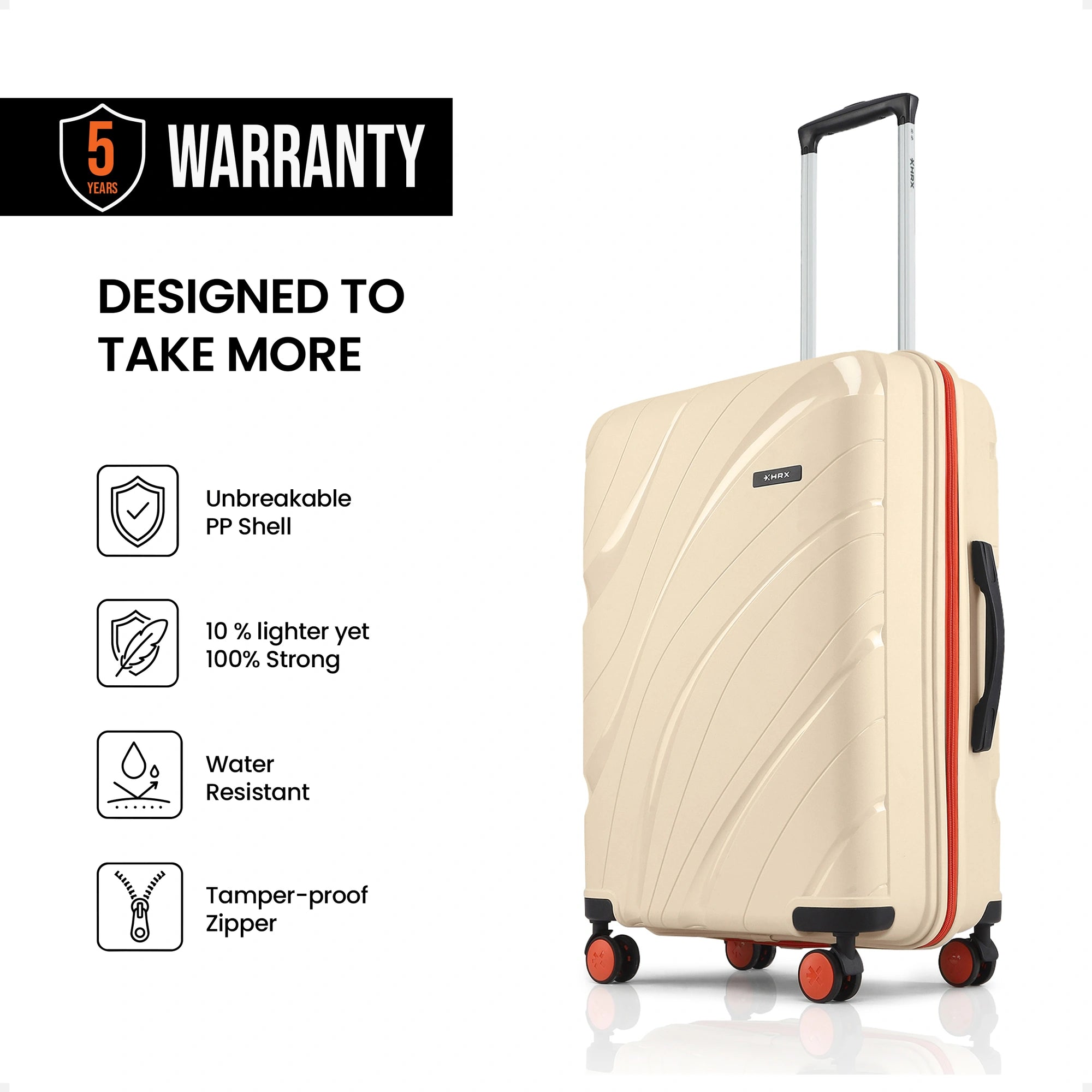 Medium check-in suitcase, cream with red trim, upright handle and four front wheels.
