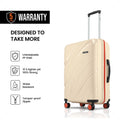 Medium check-in suitcase, cream with red trim, upright handle and four front wheels.