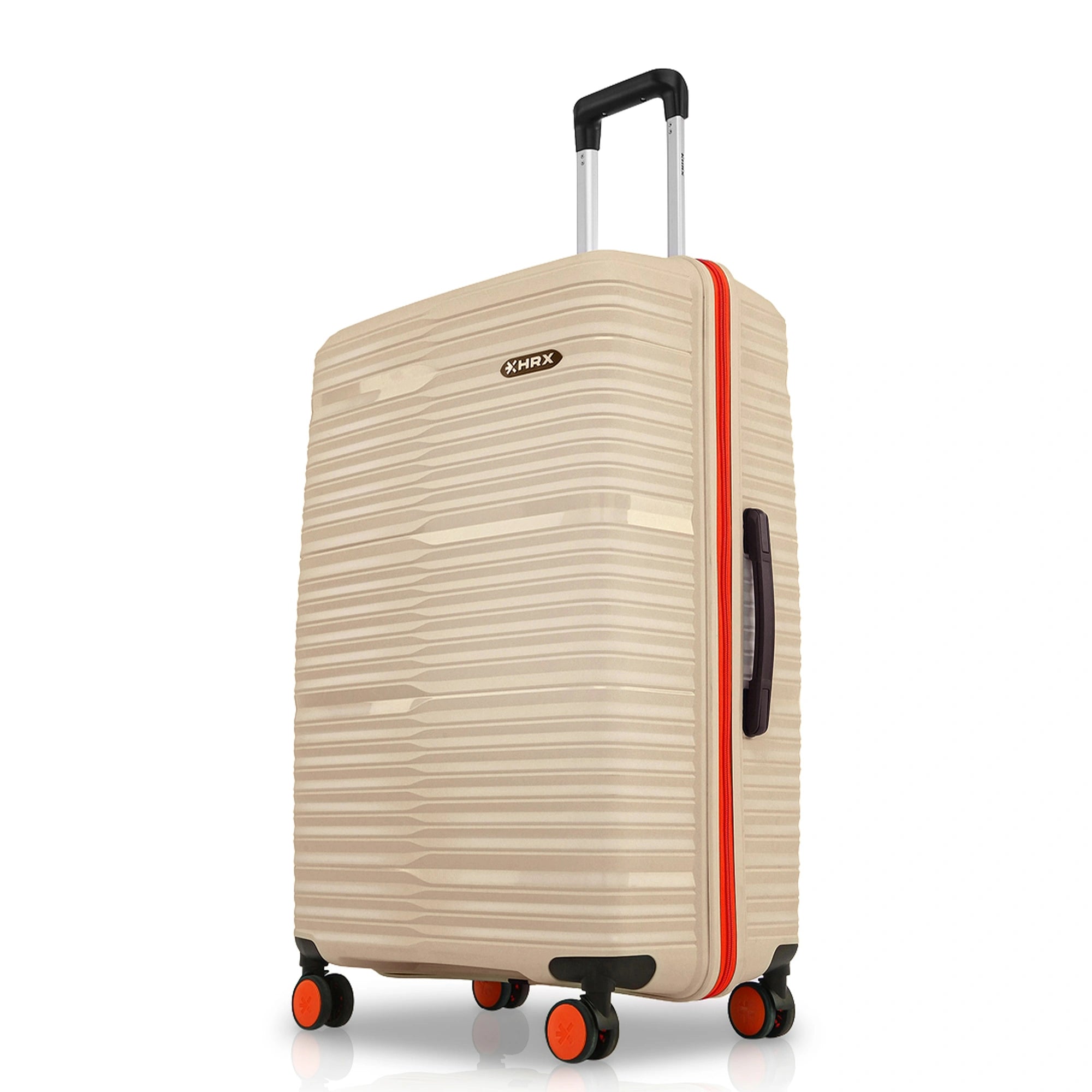 Beige hard-shell large suitcase with side handle, orange accents, four corner wheels