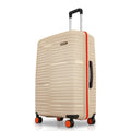 Beige hard-shell large suitcase with side handle, orange accents, four corner wheels