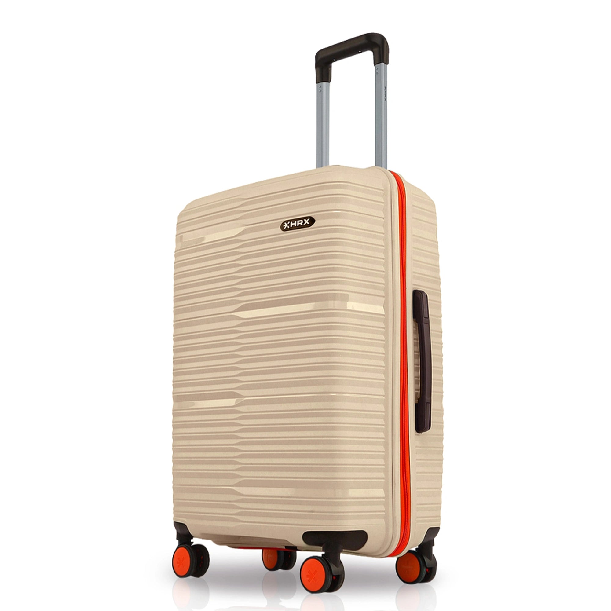 Medium beige check-in suitcase with telescopic handle and four corner wheels