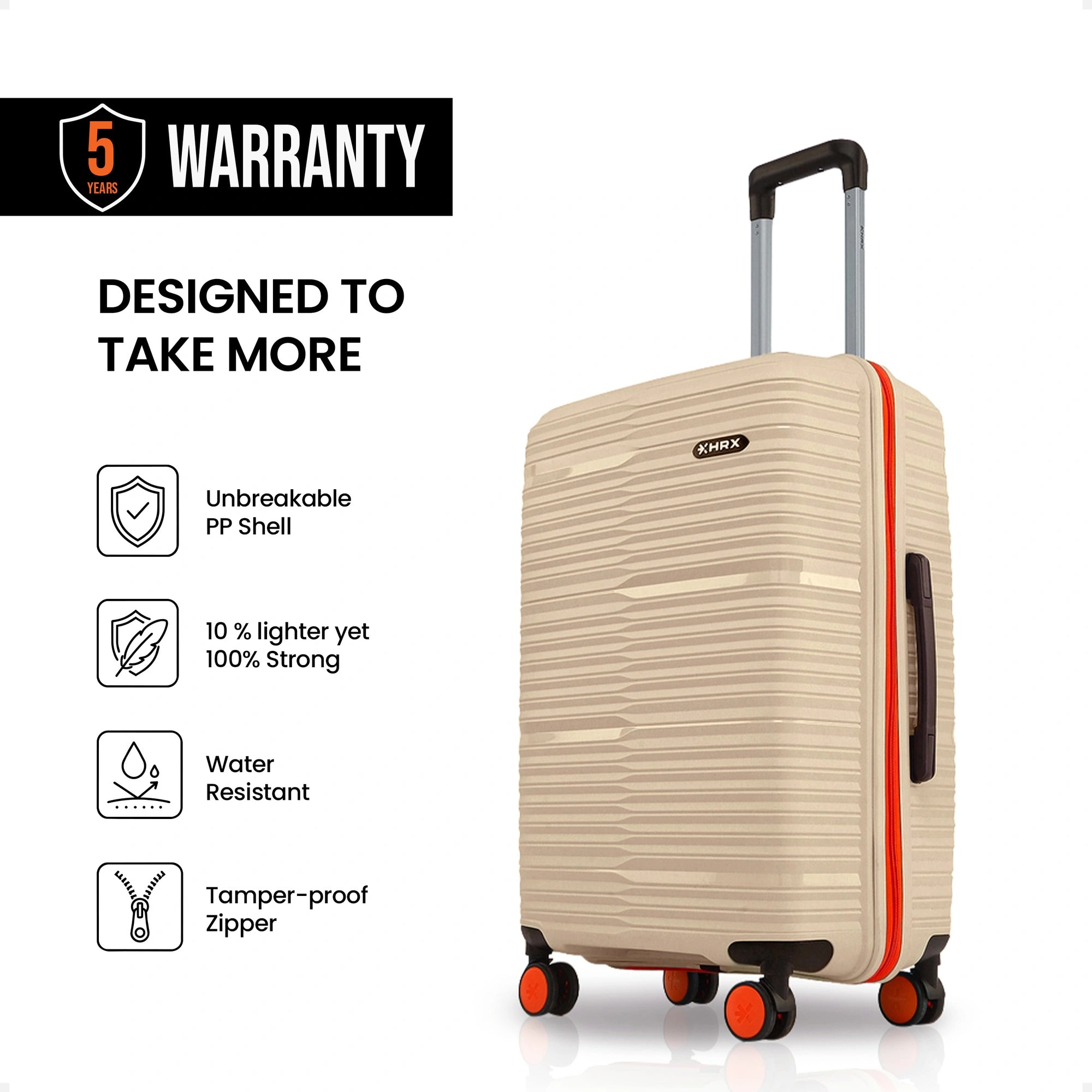 Beige medium suitcase with side grip handle, ribbed shell, and orange corner wheels